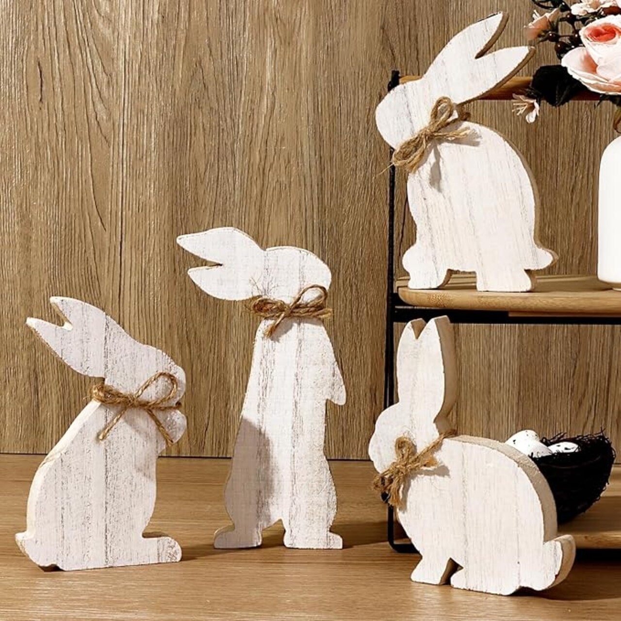 Easter Decorations Decor: 4 pcs Easter Bunny Natural Wooden Table Centerpiece Signs Easter Rustic Freestanding Tabletop for The Home Tiered Tray Farmhouse Decor Gifts